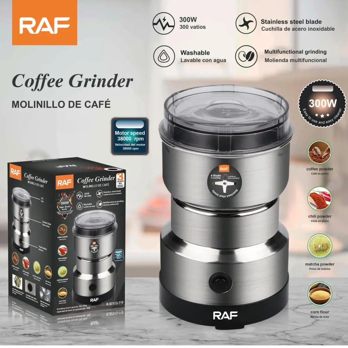 Molinillo De Café 300W Con 8 Cuchillas Inoxidables Y Motor 38000Rpm 110V/60 Hz.  Molienda. 1