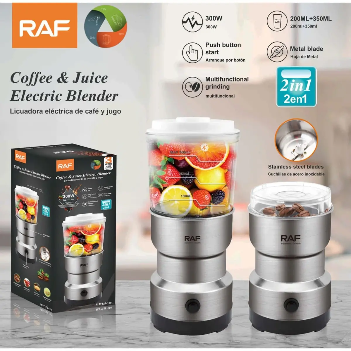 Licuadora De Zumo 2 En 1 300W  Inoxidable Y Molinillo Eléctrico Para Especias Y Café 110V/60 Hz. Blender Grinder 1