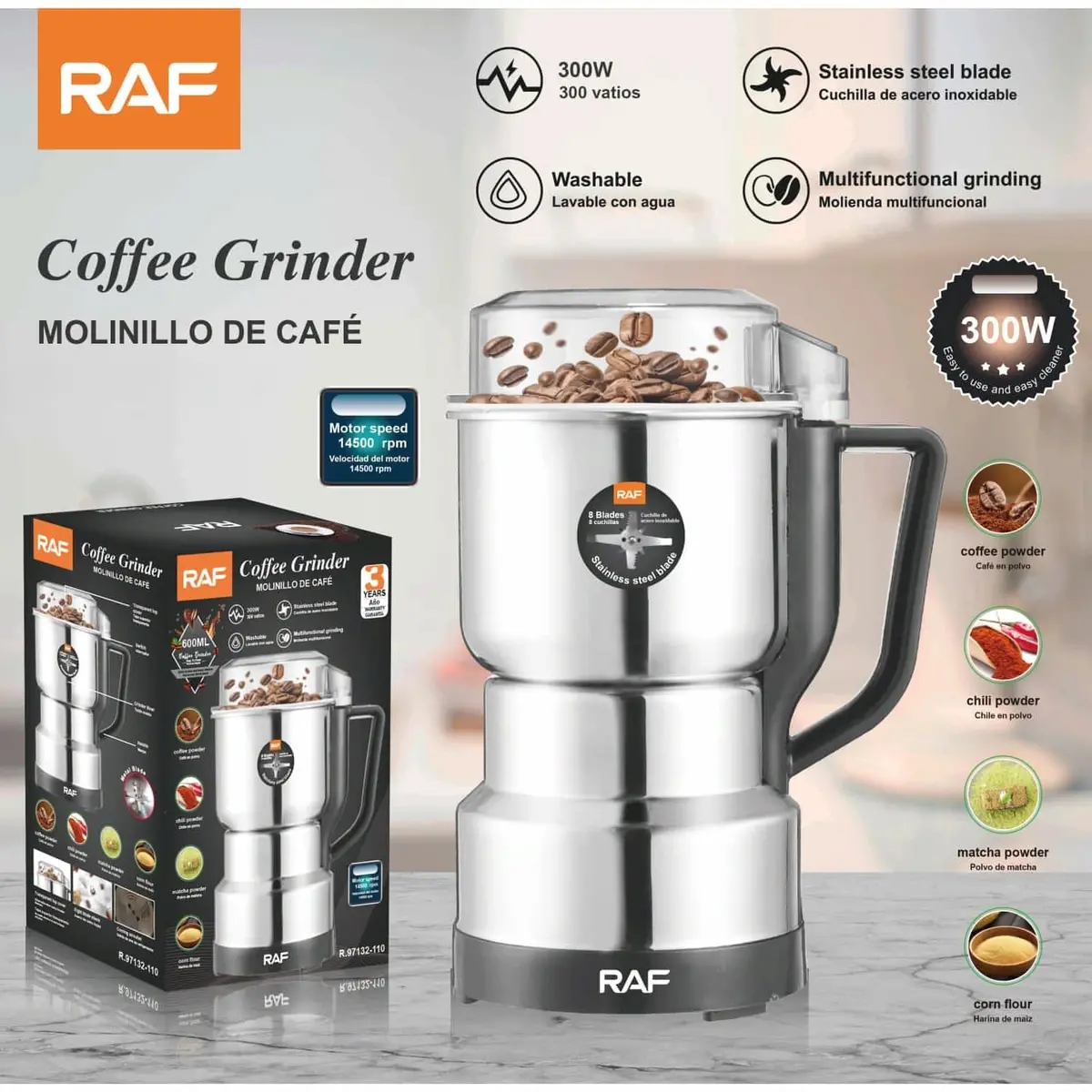 Molinillo De Café 300W Con Cuchilla Inoxidable Y Molienda Multifuncional 110V/60 Hz. Moledor. 1
