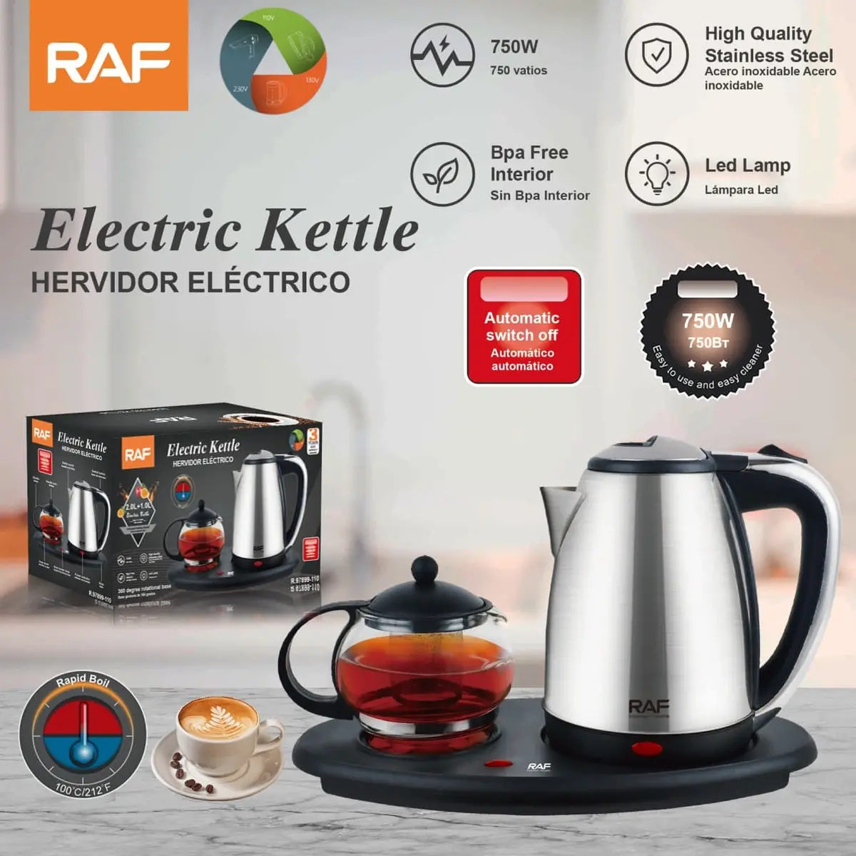 Hervidor Eléctrico Con Tetera De Vidrio 750W Apagado Automático 110V /60Hz . Hervidor Con Infusor. 1