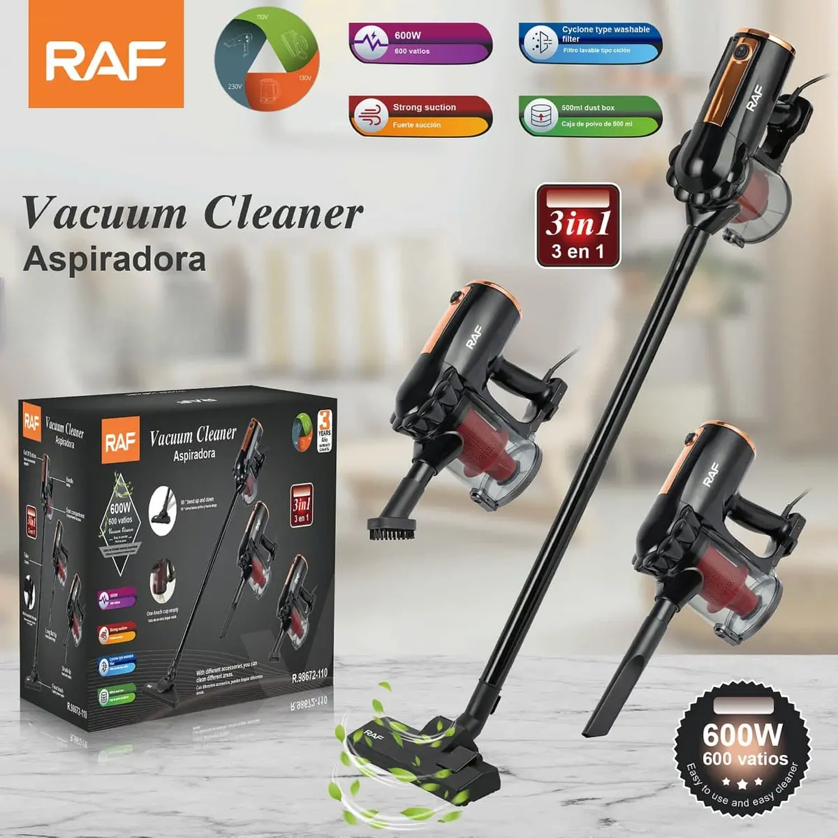 Aspiradora 3 En 1 600W Con Filtro Lavable Ciclónico Y Caja De Polvo 500Ml 110V/60 Hz 1