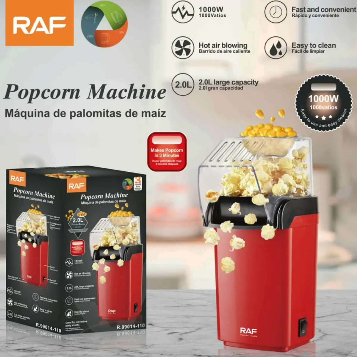 Máquina De Popcorn Hot Air 1000W 2L 110V Listas En 3 Minutos.  Millo. Cotufa. Palomitas De Maiz. 1
