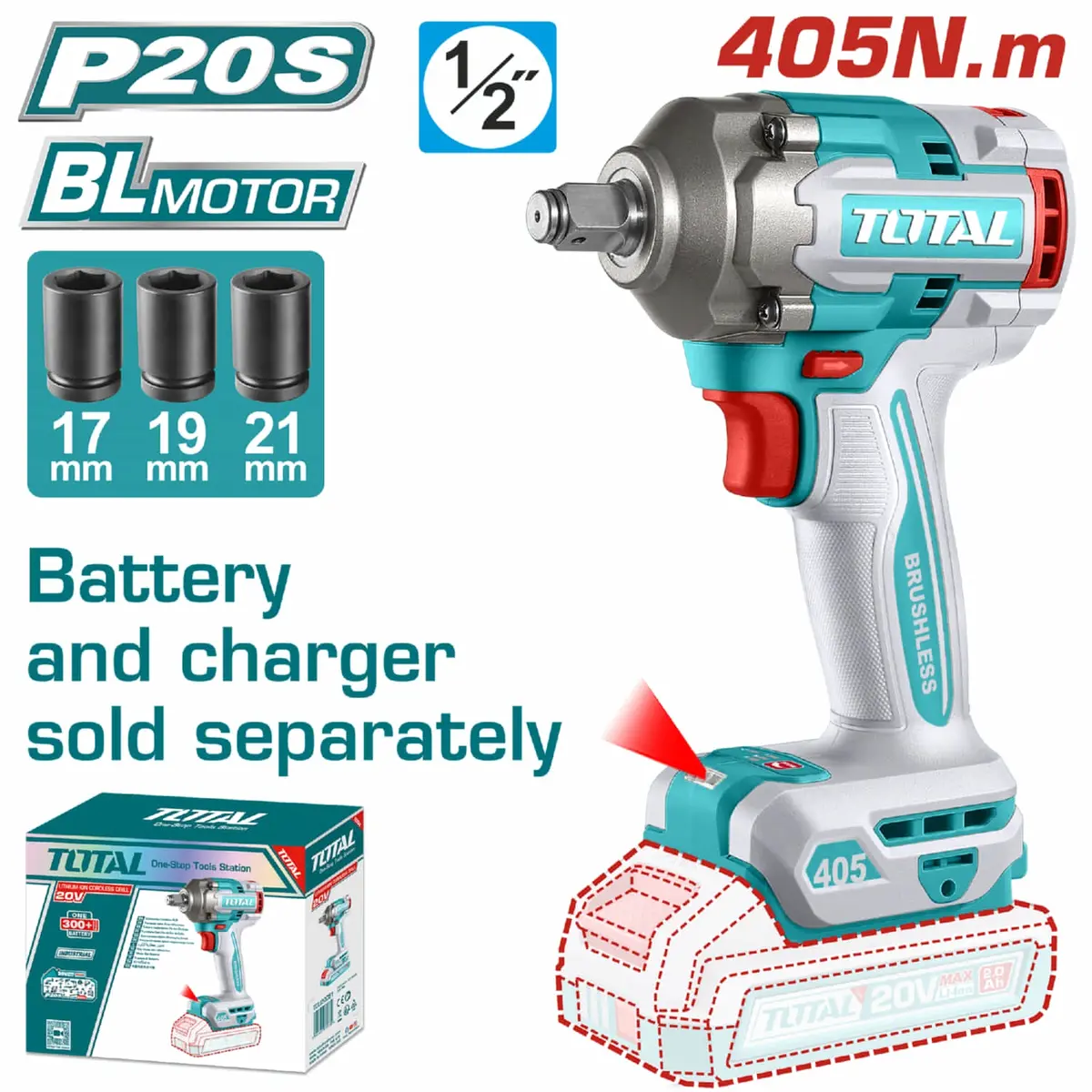 Llave Impacto Dado Cuadrado 1/2" 20V 405Nm Motor Sin Escobillas. Batería Y Cargador Por Separado. 1