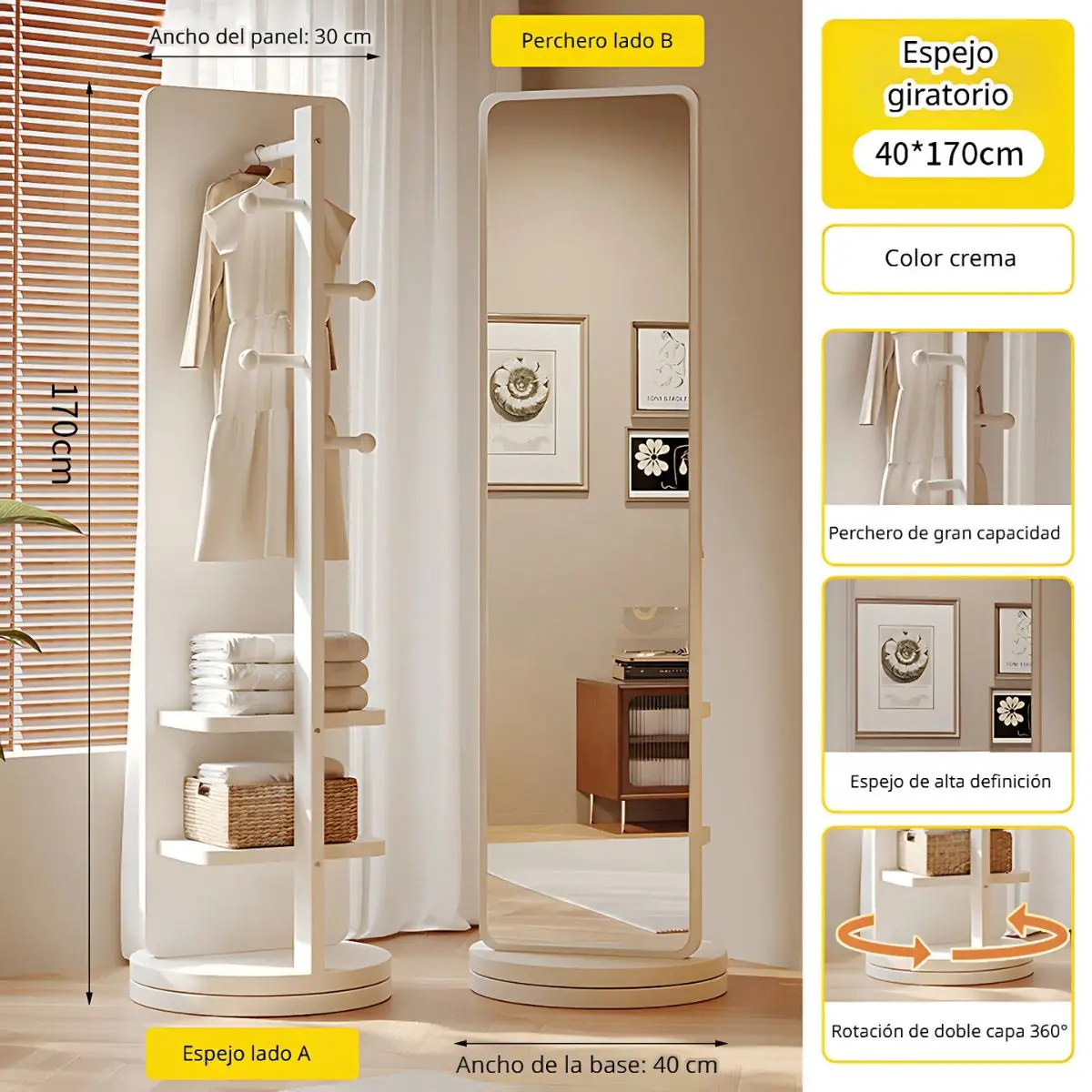 Espejo De Cuerpo Entero 40×170 Cm Con Perchero Giratorio 360° Y Estantes. Color Crema Para Dormitorio O Vestidor. 1