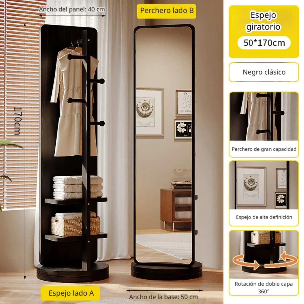 Espejo De Cuerpo Entero 50×170 Cm Con Perchero Giratorio 360° Y Estantes. Color Negro Para Dormitorio O Vestidor. 1