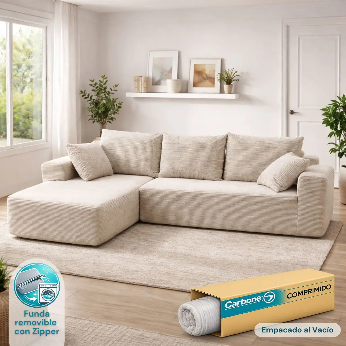 Sofá Seccional En L Empacado Al Vacio Memory Foam De Alta Densidad 175X92x82cm
+170X93x82cm Color Beige Claro 1