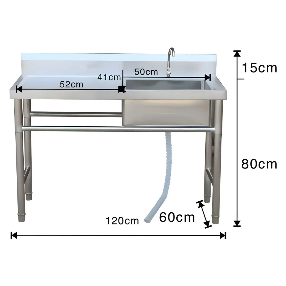 Fregador Industrial Con Mesa De Trabajo Y Tina Del Lado Derecho (120X60x80cm). Lavaplatos Profesional Con Respaldo Y Patas Reforzadas. 2