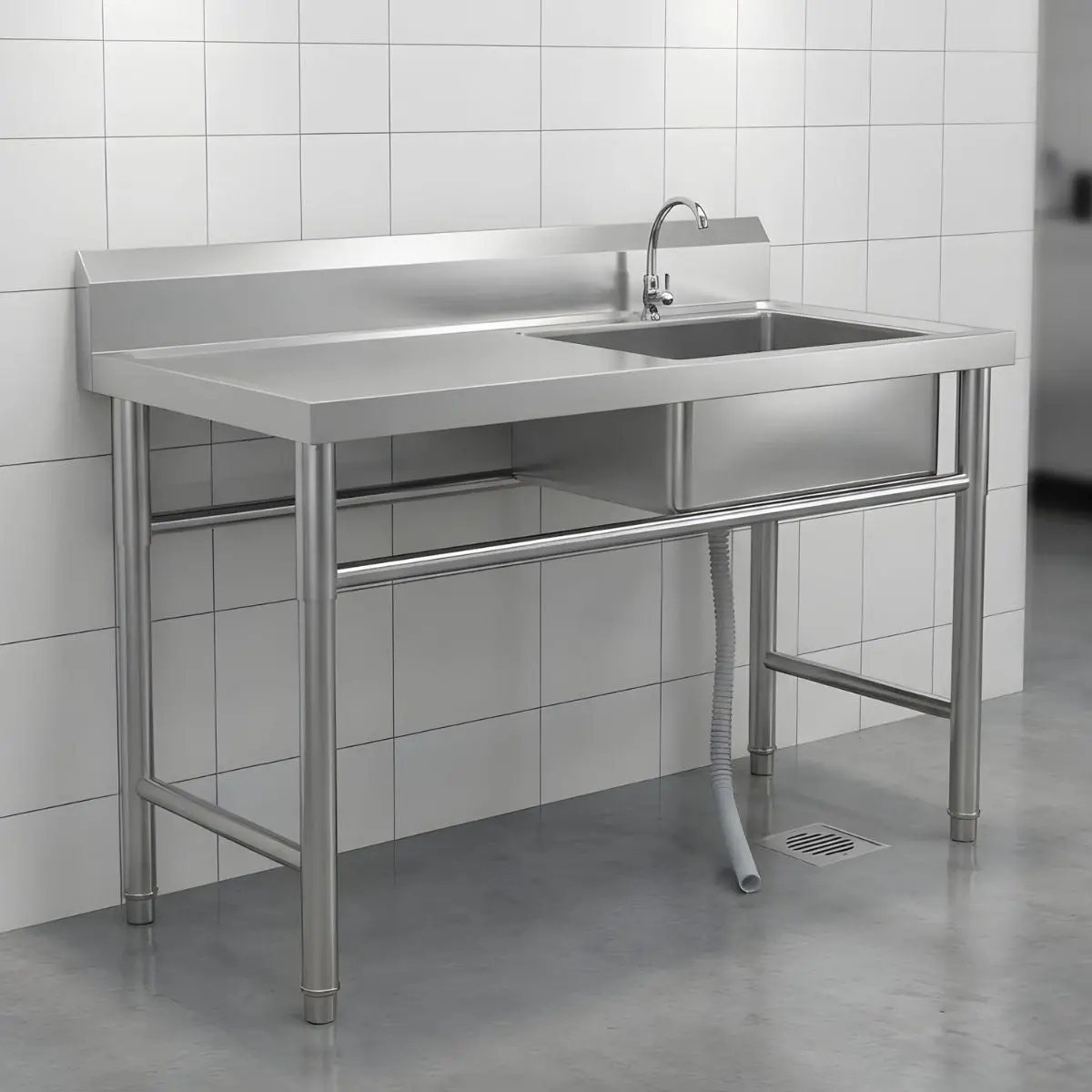 Fregador Industrial Con Mesa De Trabajo Y Tina Del Lado Derecho (120X60x80cm). Lavaplatos Profesional Con Respaldo Y Patas Reforzadas. 1