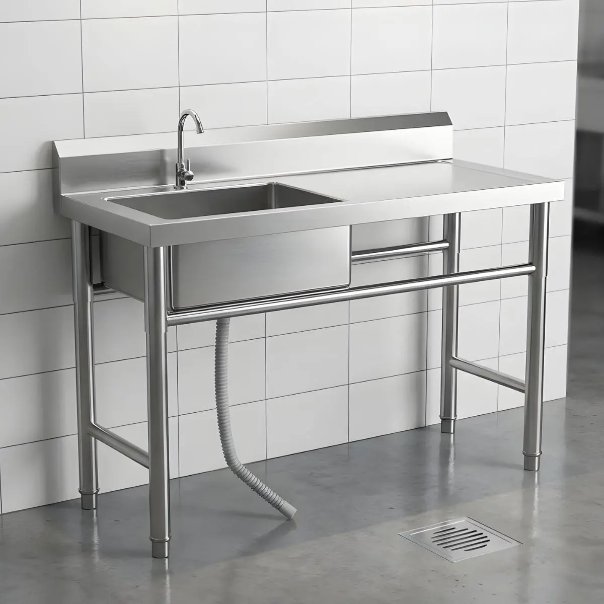 Fregador Industrial Con Mesa De Trabajo Y Tina Del Lado Izquierdo (120X60x80cm). Lavaplatos Profesional Con Respaldo Y Patas Reforzadas. 1