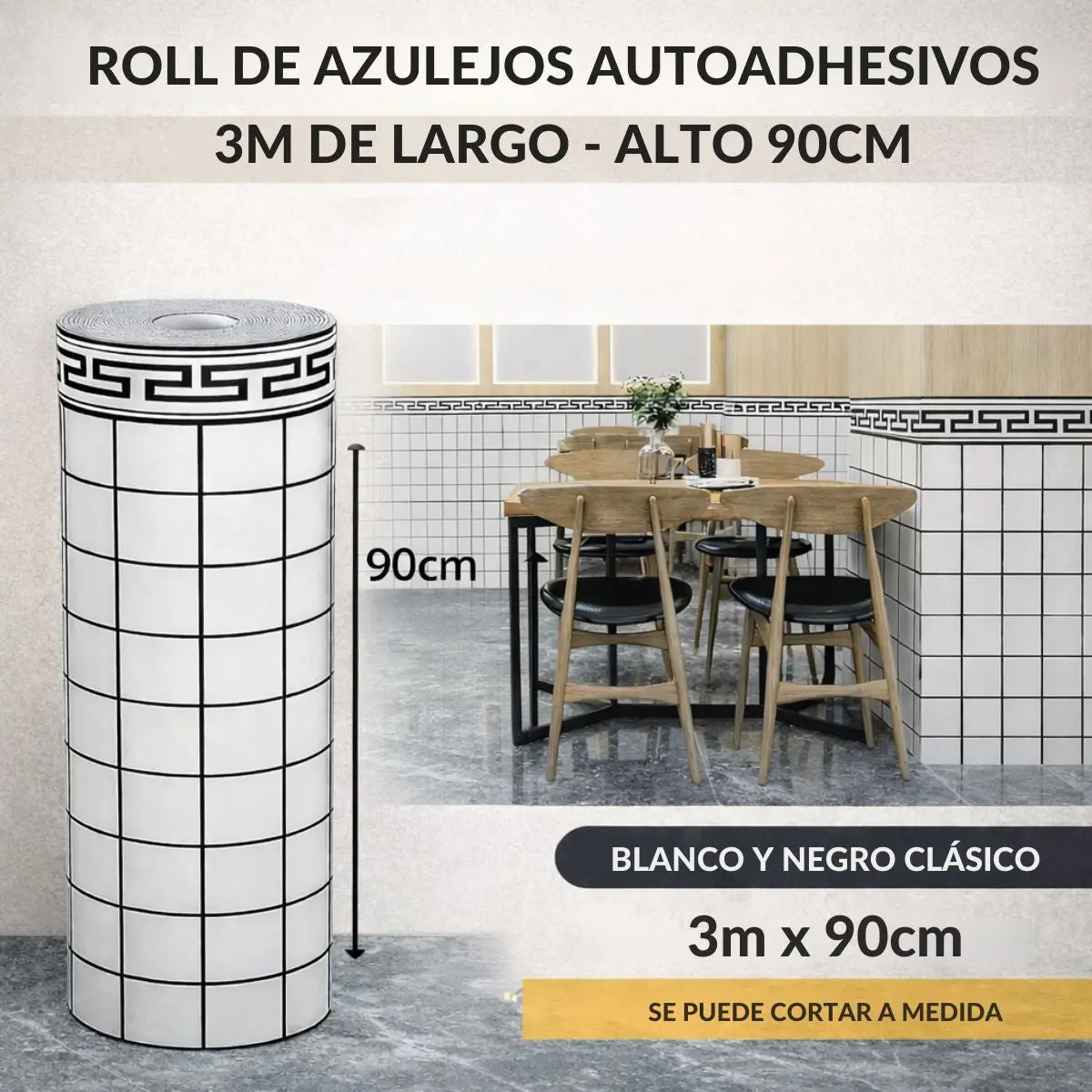 Rollo Decorativo 2.5 Mm Papel Tapiz Autoadhesivo Tipo Azulejo Blanco Y Negro. Revestimiento Decorativo Para Pared. Rollo 3Mx90cm. 2.5 Mm Espesor 1
