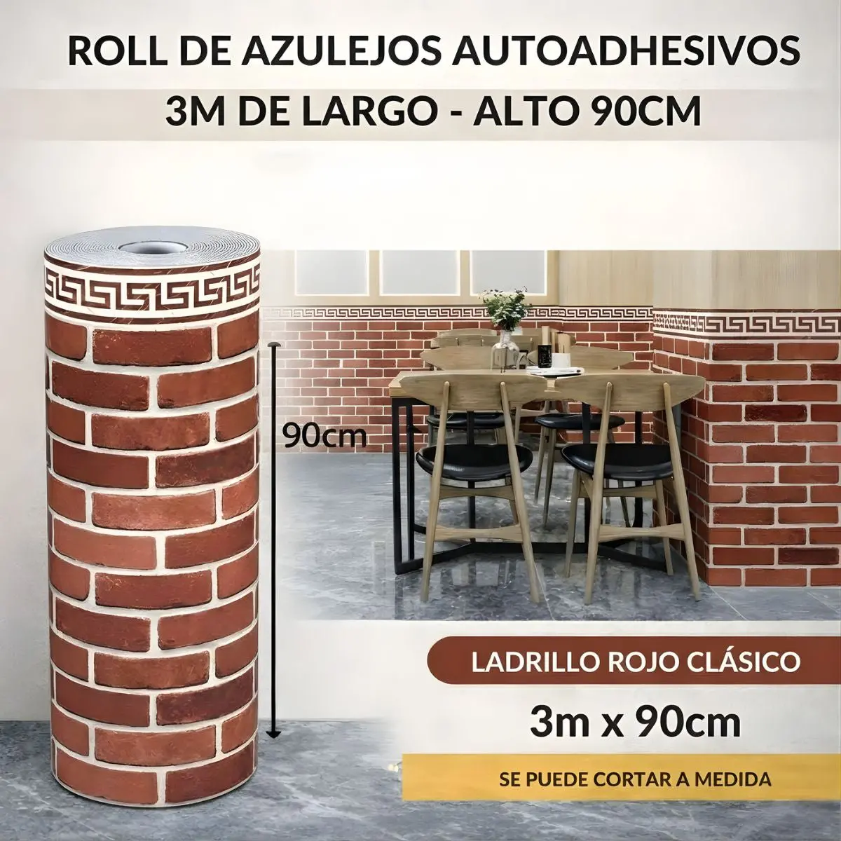 Rollo Decorativo 2.5 Mm Papel Tapiz Autoadhesivo Tipo Ladrillo Rojo Clásico. Revestimiento Decorativo Para Pared. Rollo 3Mx90cm. 2.5 Mm Espesor 1