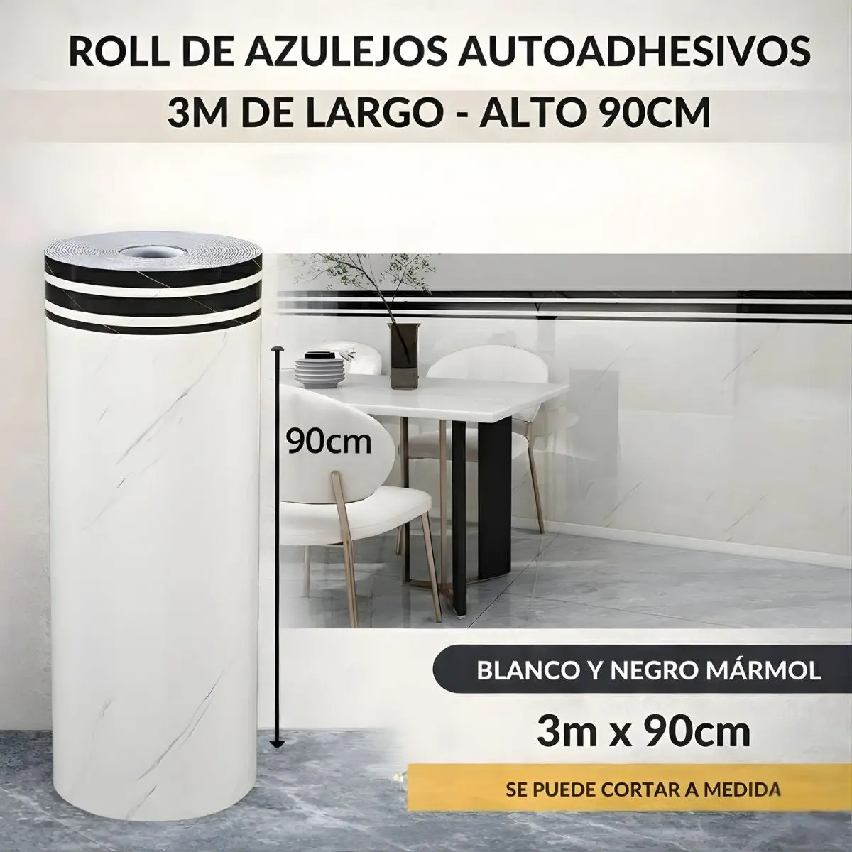 Rollo Decorativo 2.5 Mm Papel Tapiz Autoadhesivo Tipo Mármol Blanco Y Negro. Revestimiento Decorativo Para Pared. Rollo 3Mx90cm. 2.5 Mm Espesor 1