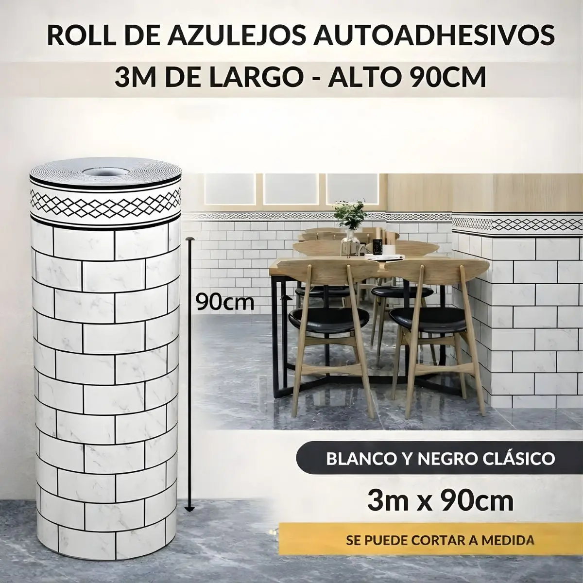Rollo Decorativo 2.5 Mm Papel Tapiz Autoadhesivo Tipo Azulejo Blanco Y Negro Clásico. Revestimiento Decorativo Para Pared. Rollo 3Mx90cm. 2.5 Mm Espesor 1