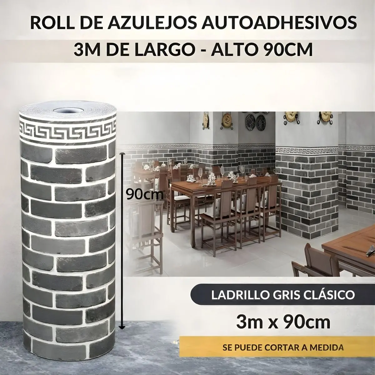 Rollo Decorativo 2.5 Mm Papel Tapiz Autoadhesivo Tipo Ladrillo Gris Clásico. Revestimiento Decorativo Para Pared. Rollo 3Mx90cm. 2.5 Mm Espesor 1