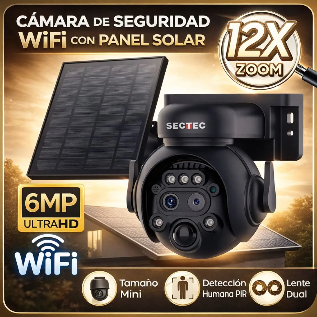 Cámara De Seguridad Wifi Con Panel Solar 6Mp. Cámara De Videovigilancia Con Visión Nocturna Y Detección Humana. Zoom 12X 1