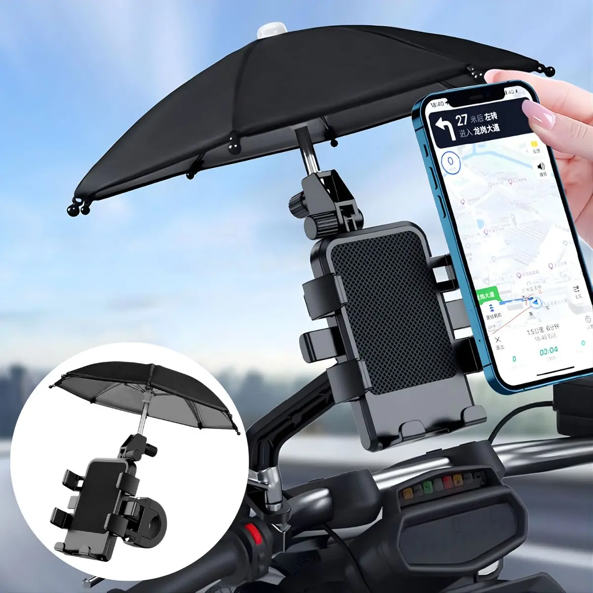Soporte Para Celular Con Sombrilla Para Manubrio De Moto Y Bicicleta. Porta Celular Ajustable Con Mini Paraguas Para Protección Solar Y Lluvia. 1