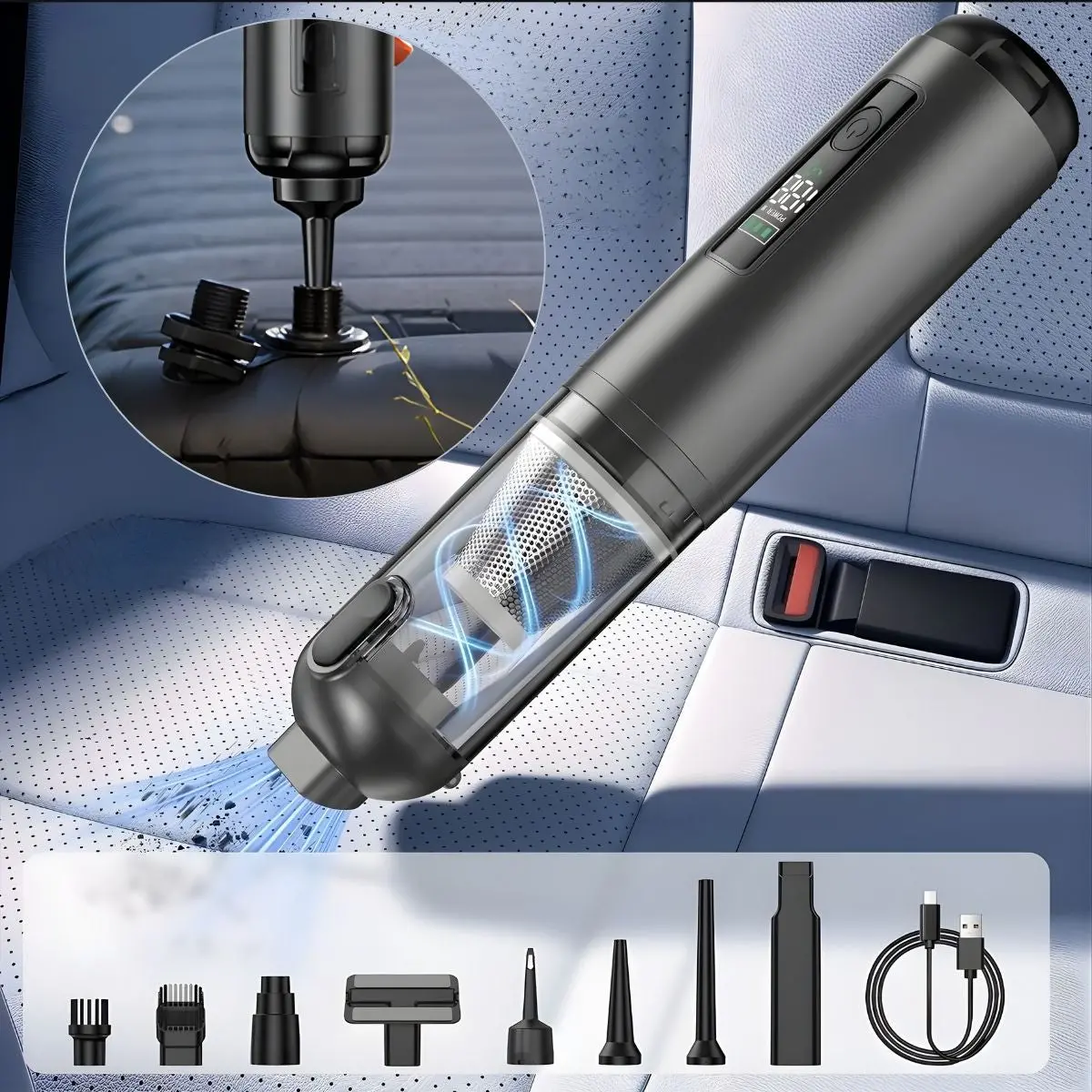 Aspiradora Inalámbrica Portátil Con Pantalla Digital Y Motor Ai 17000Pa De Alta Potencia Con Carga Tipo-C Que Aspira, Infla Y Sopla. Ideal Para Auto, Oficina Y Hogar 1