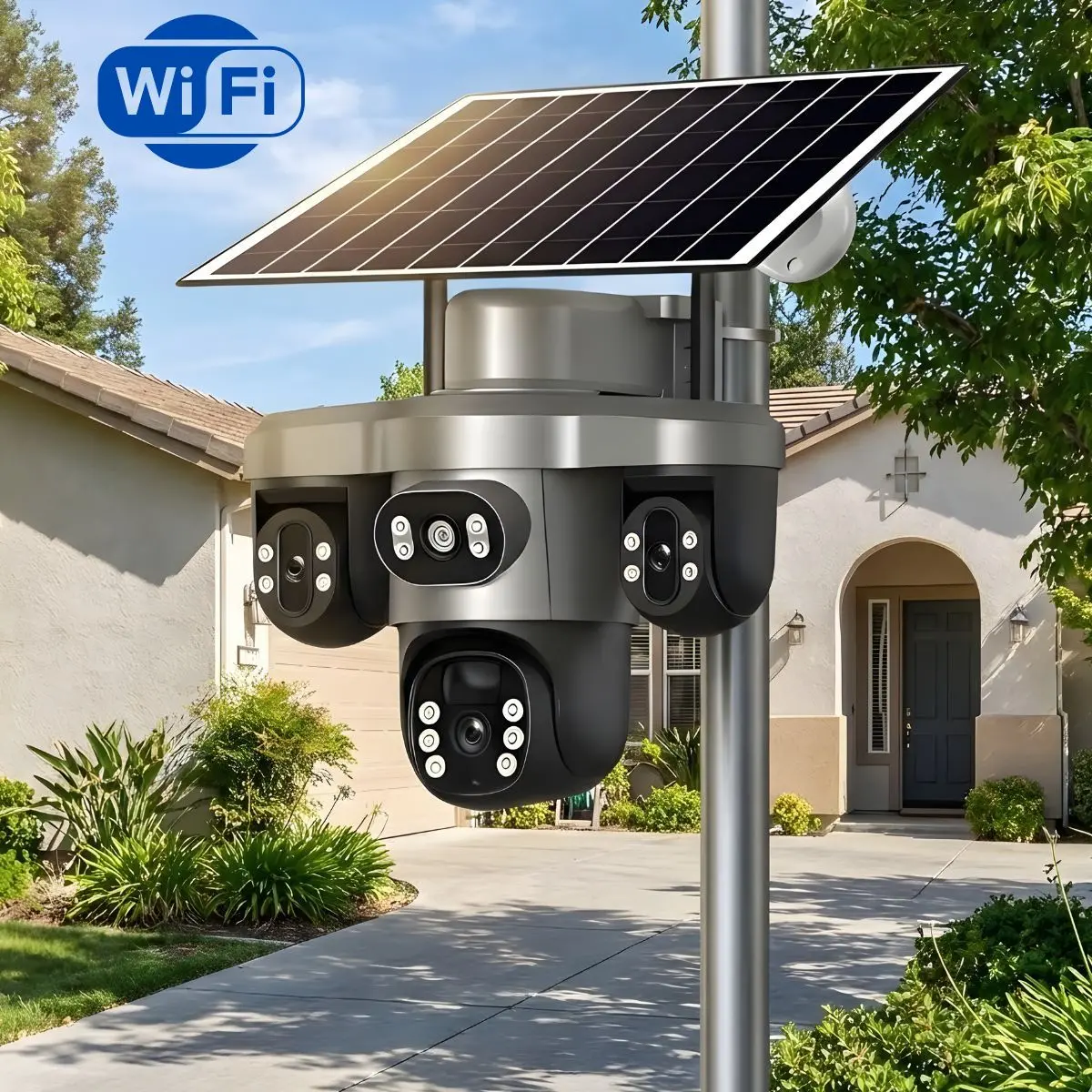 Cámara De Seguridad Solar Wifi  Exteriores Triple Lente Y Pantalla, Ptz 360°, Zoom 10X, Visión Nocturna A Color Y Detección Humana Color Gris T12 1