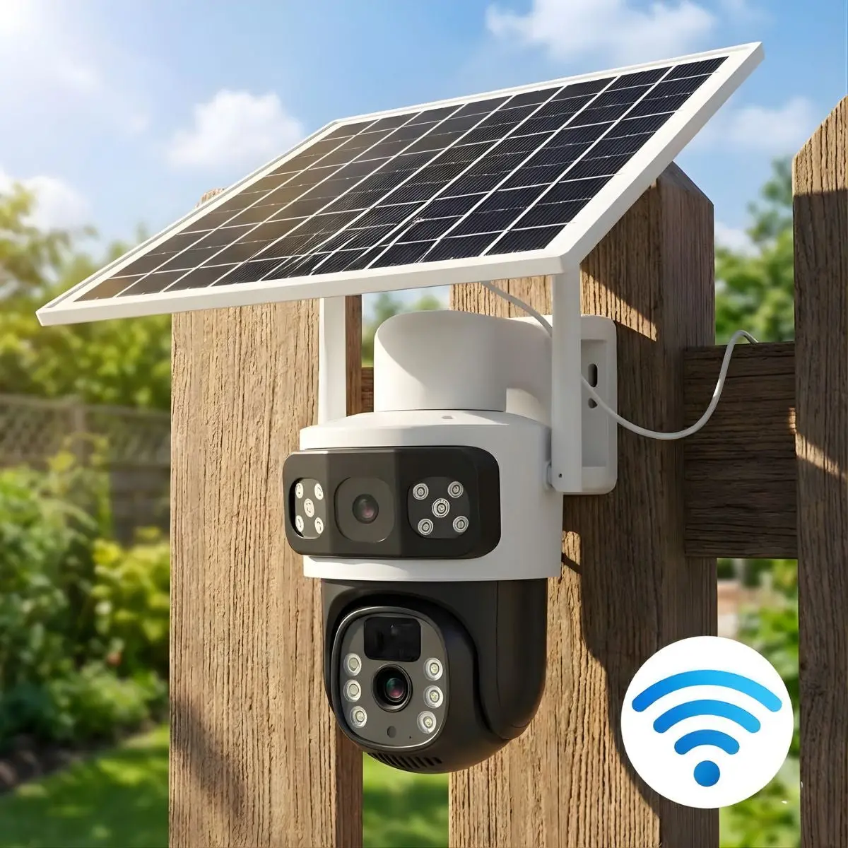 Cámara De Seguridad Solar Wifi Doble Lente T8 Blanca Con Visión Nocturna Color, Audio Bidireccional Y Ptz 355° 1