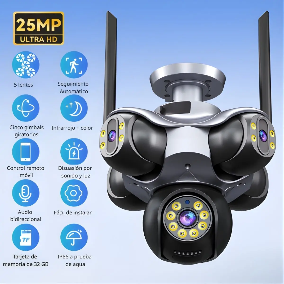 Cámara De Seguridad Ptz 25Mp Ultra Hd Wifi De 5 Lentes Con Rotación Eléctrica 355°/90°, Ip65, Visión Nocturna A Color Memoria 32Gb. Cámara Domo. Cámara Vigilancia 1