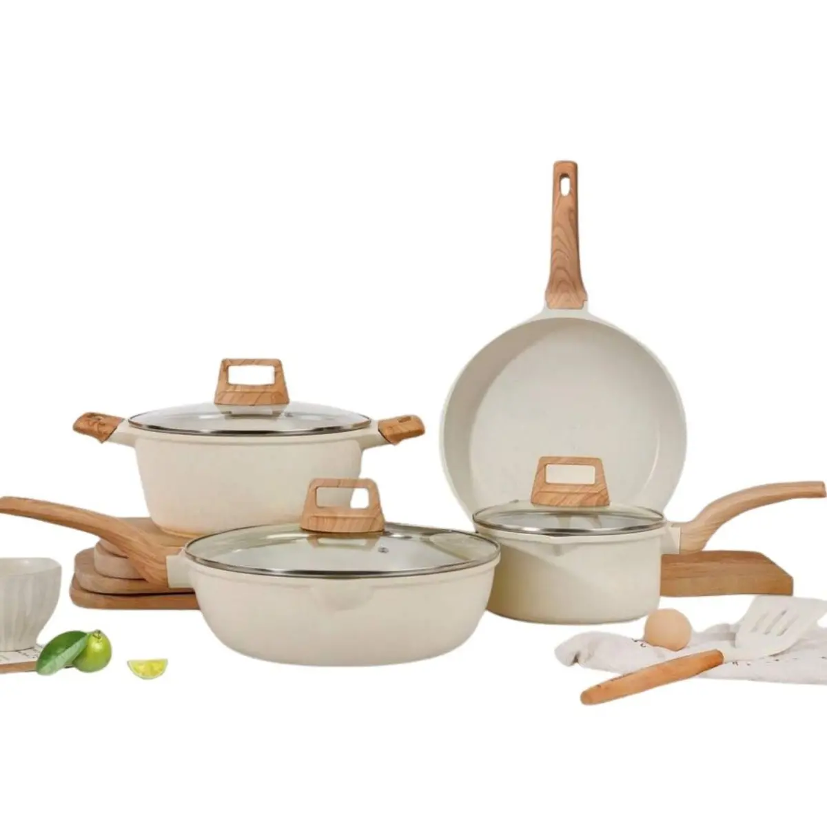 Ollas Y Sartenes Antiadherentes Set 9 Piezas Blanco Granito. Ollas, Sartenes Con Tapa Y Espátulas. Set De Cocina. 1