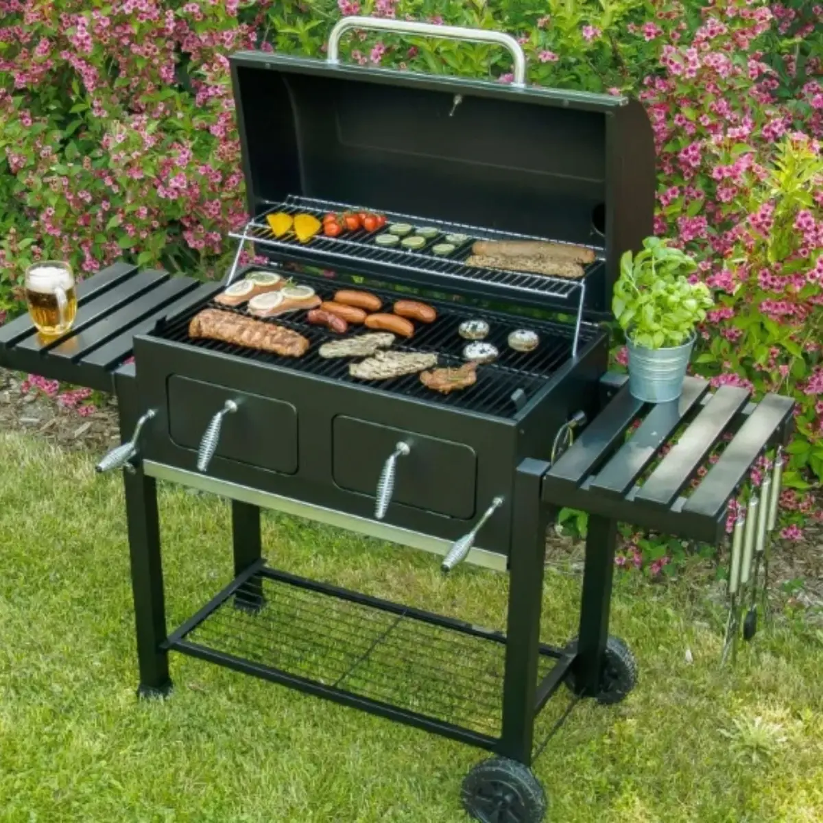 Parrilla Bbq De Hierro Con Ruedas 164X45x44cm Estilo Clásico Para Bbq Al Aire Libre. Asador De Carbón 1