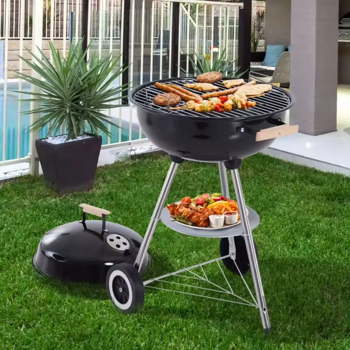 Parrilla De Carbón Redonda Portátil 46X80 Cm Hierro Con Tapa Y Estante Inferior Estilo Barbacoa Bbq. Asador Al Carbón. 1
