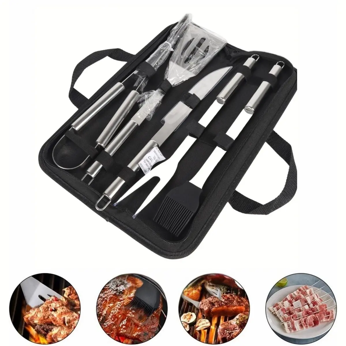 Kit De Accesorios Para Bbq Parrillada. Cubiertos Multifunción De Acero Inoxidable Para Bbq Con Estuche Portátil De Tela. Set De 5 Piezas. 1