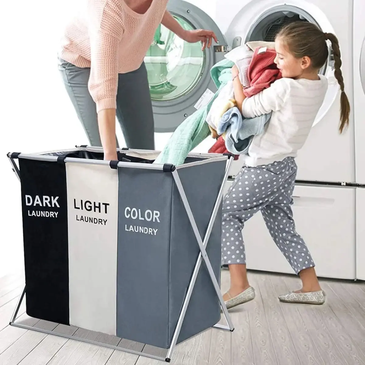 Cesta De Ropa Sucia Plegable Cestos De 3 Compartimentos 65X36x58 Cm De Aluminio Plegable Desmontable. Canasto Clasificador Para Baño O Lavandería 1