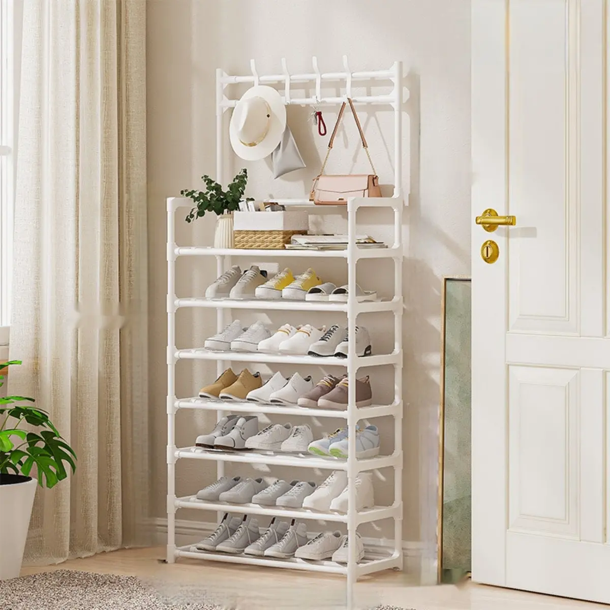 Zapatera Organizador De Zapatos, Sombreros Y Accesorios Multifuncional 60X26x165 Cm De Hierro . Perchero Zapatero Estante. 1
