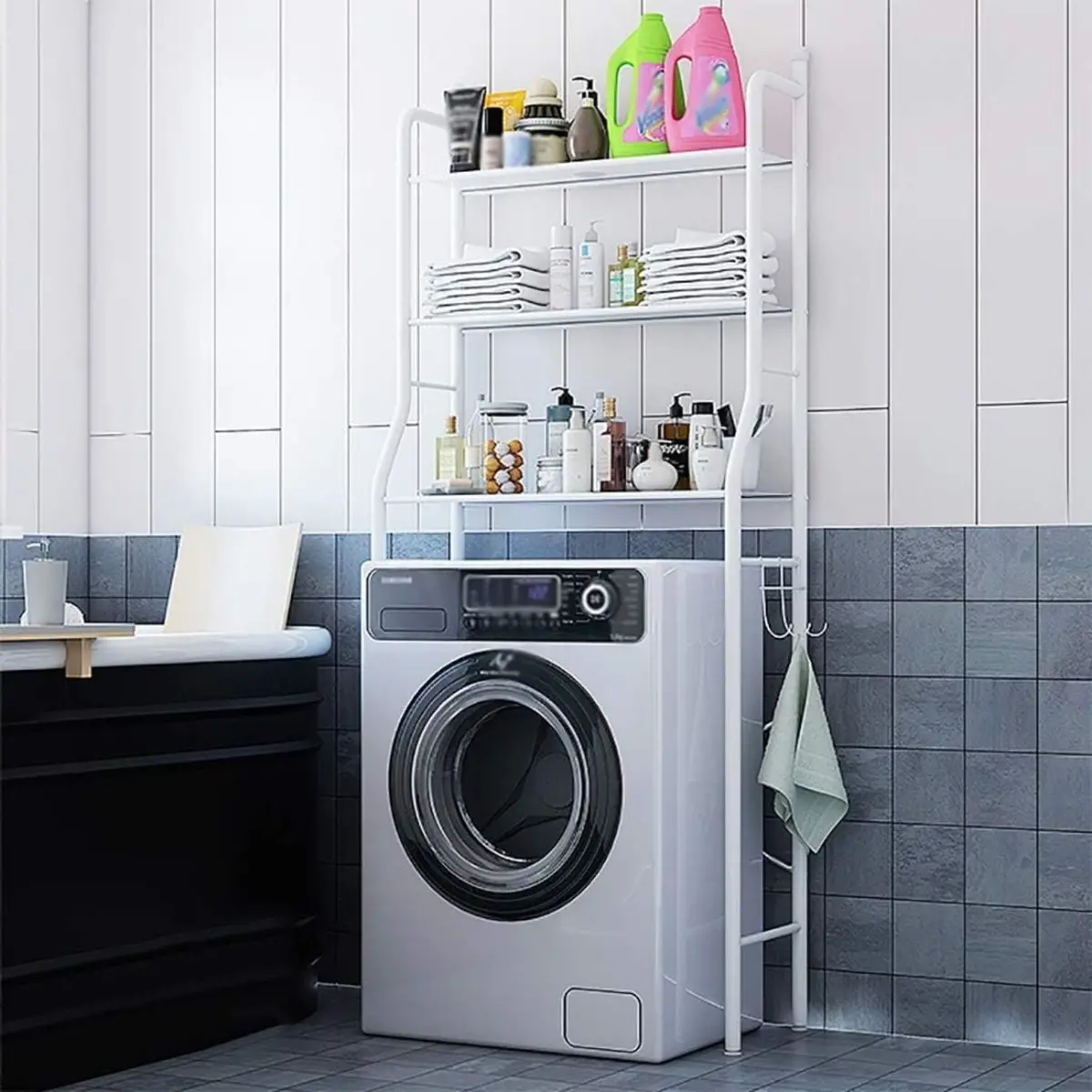 Estante Organizador Para Lavadora De 3 Niveles Metálico Color Blanco 65X26x152cm. Rack Para Lavandería 1