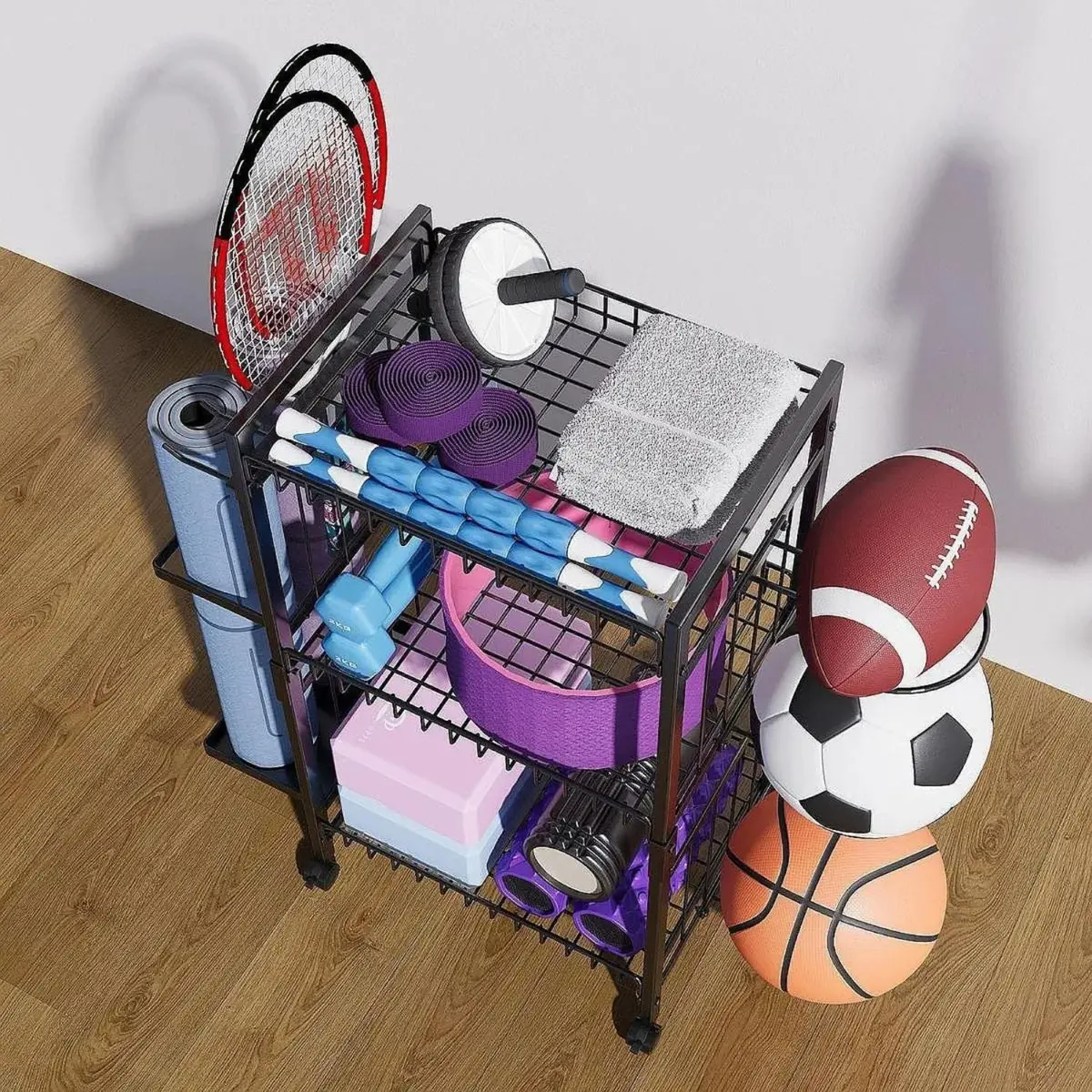 Estante Organizador De Equipos Deportivos 3 Niveles Con Ruedas 81X32.5X80.5Cm Hierro Multiuso Con Ganchos Y Canastas. Rack Estanteria 2