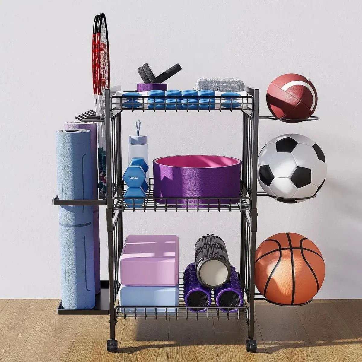 Estante Organizador De Equipos Deportivos 3 Niveles Con Ruedas 81X32.5X80.5Cm Hierro Multiuso Con Ganchos Y Canastas. Rack Estanteria 1