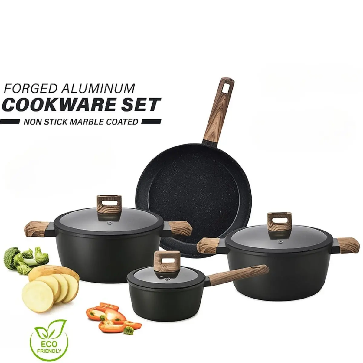 Ollas Antiadherentes De Aluminio Forjado Con Granito Negro Incluyen Tapa De Vidrio Y Mango Tipo Madera 100% Libre De Teflon. Set De 7 Piezas. Set De Ollas Y Sartén 1