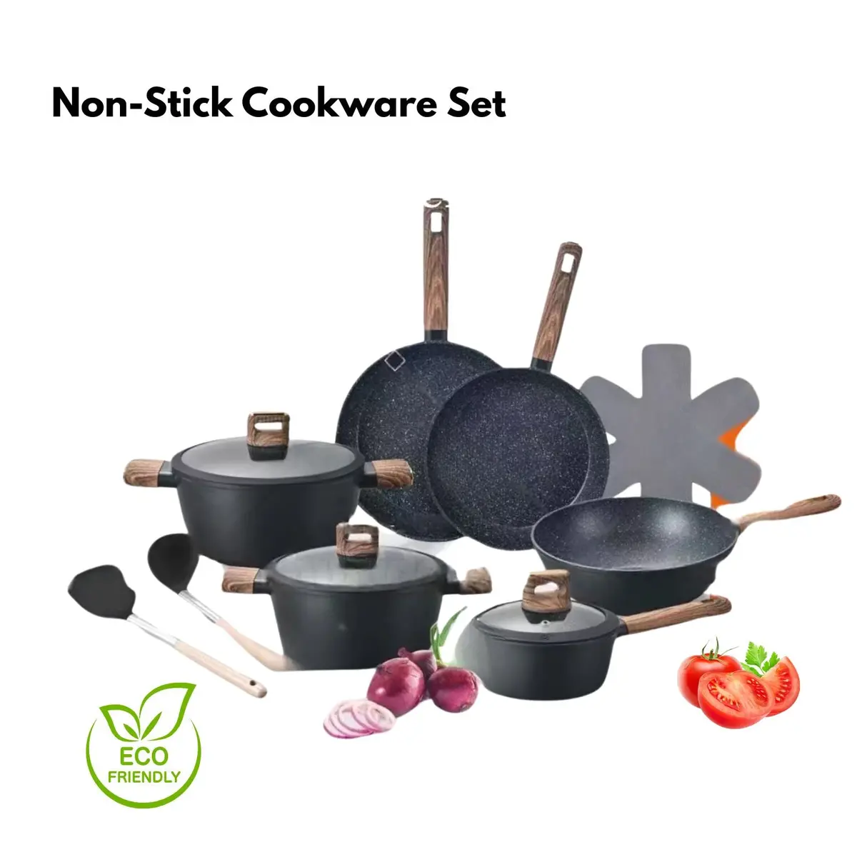 Ollas Antiadherentes De Aluminio Forjado Con  Mármol Negro  Incluyen Tapa De Vidrio Y Mango Tipo Madera 100%Libre De Teflon. Set De 15 Piezas. 1