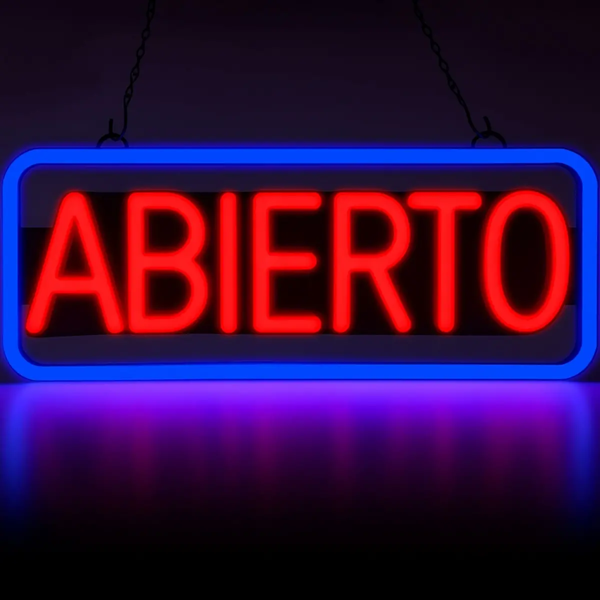 Letrero Led Neon Abierto, 50X25cm, Marco Azul Y Texto Rojo, 110V Con Cadena Para Colgar. Moderno Y Llamativo.  Rotulo Neón Abierto 1