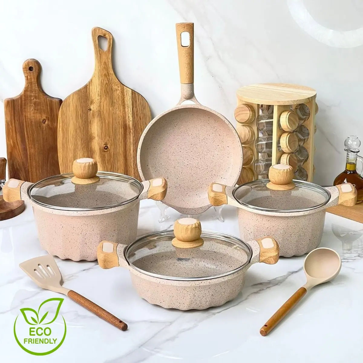 Ollas Antiadherentes 9 Piezas Con Revestimiento De Granito, Aluminio Forjado, Color Beige.  Eco-Friendly. Set De 9 Piezas. Batería De Cocina. Libre De Teflon 1