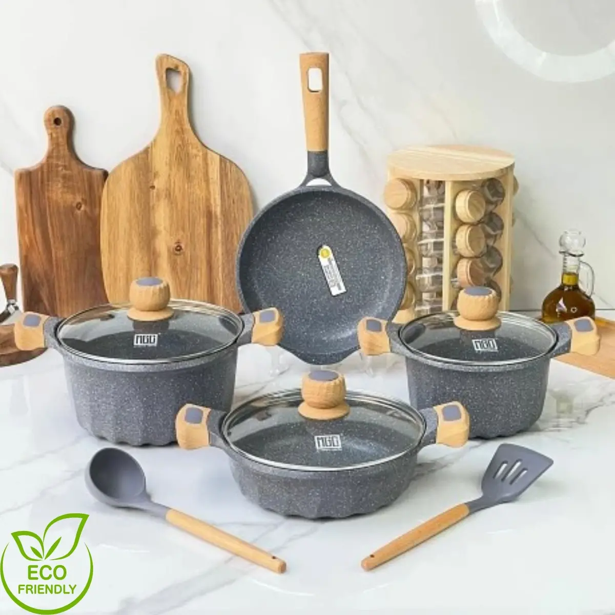Ollas Antiadherentes 9 Piezas Con Revestimiento De Granito, Aluminio Forjado, Color Gris.  Eco-Friendly. Set De 9 Piezas. Batería De Cocina. Libre De Teflon 1