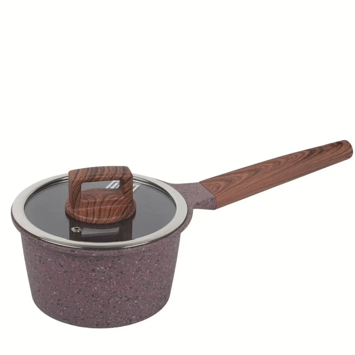 Olla Multifunción Ceramica Antiadherente 16Cm Con Tapa De Vidrio Color Marrón Rojizo  Mango Imitación Madera-Eco Friendly 100% Libre De Teflon 1