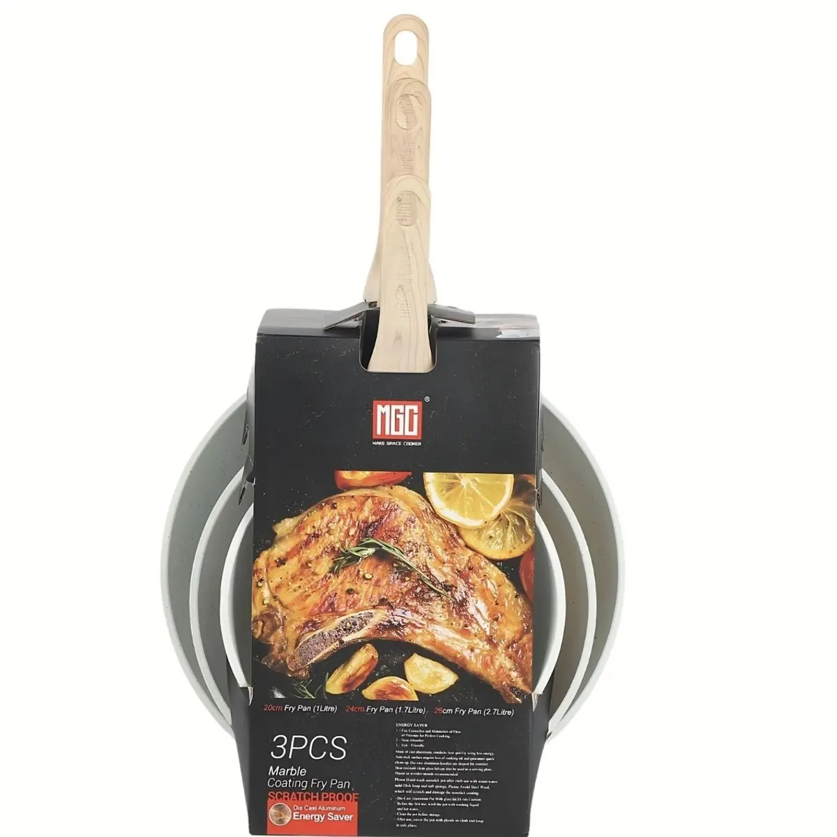 Sartenes Antiadherentes Granito Blanco Tamaño 20-24-28Cm Aluminio Forjado Con Mango Efecto Madera Eco-Friendly. Set De 3 Piezas. 100% Libre De Teflon 1