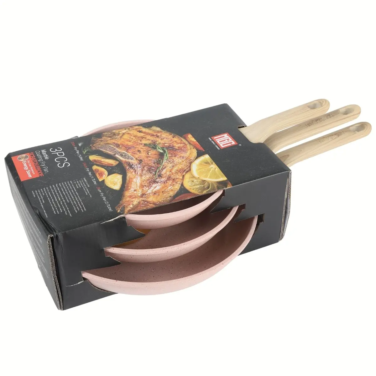 Sartenes Antiadherentes Granito Color Rosa Tamaño 20-24-28Cm Aluminio Forjado Con Mango Efecto Madera 100% Libre De Teflon Set De 3 Piezas. 2