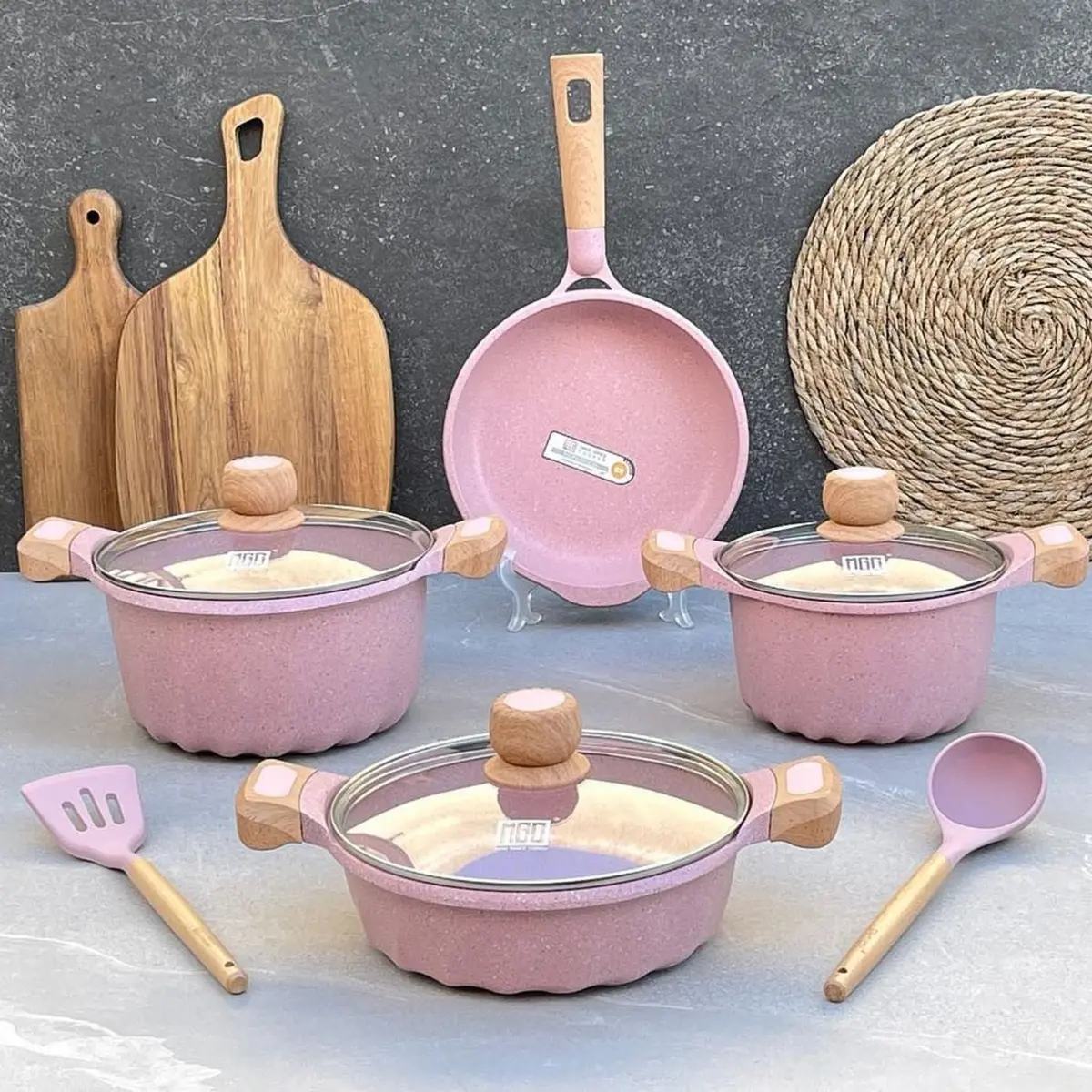 Ollas Y Sartén Ceramico Antiadherente  9 Piezas Color Rosado Granito, Mango Efecto Madera, 100% Libre De Teflon 1