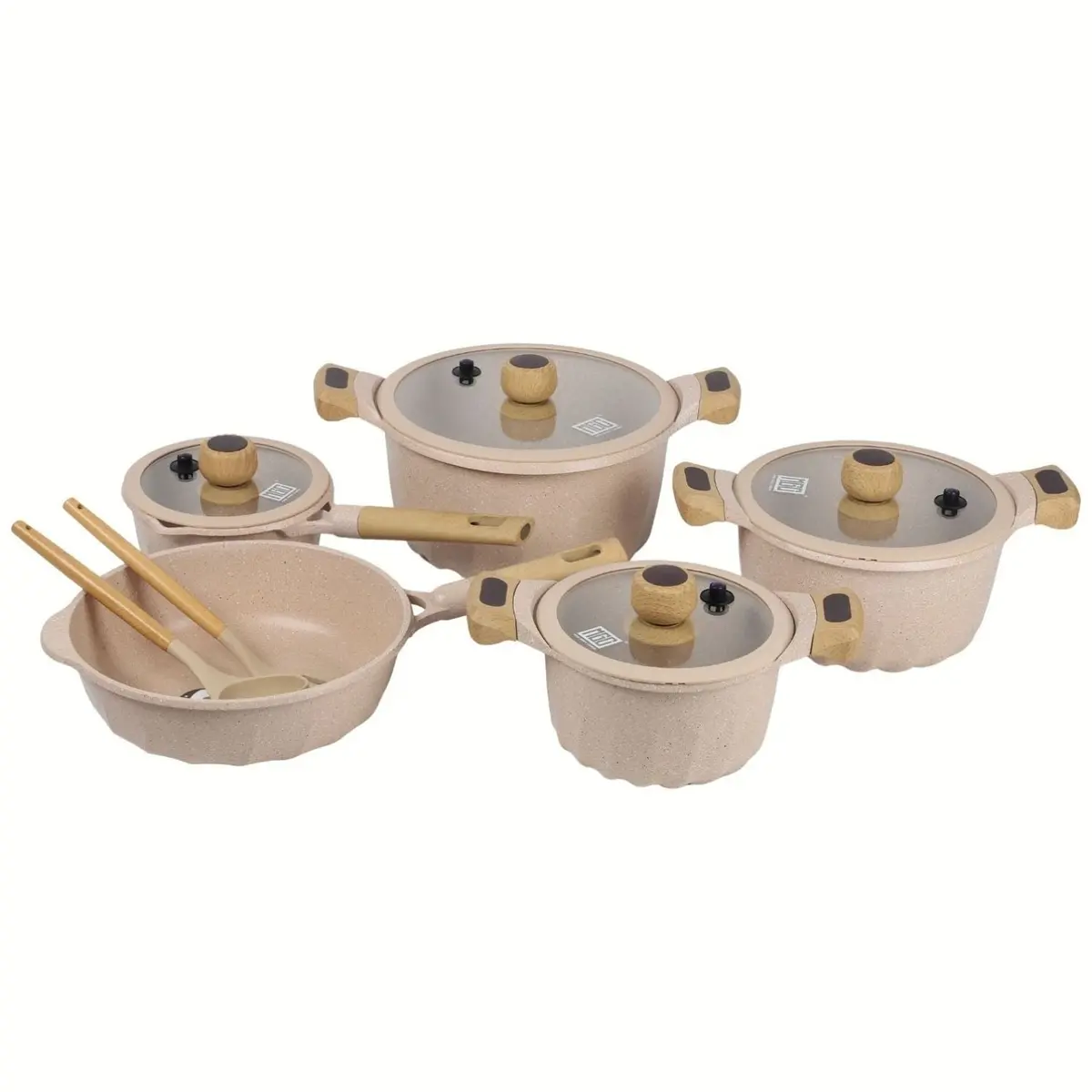 Ollas, Sartén Antiadherente Ceramico En Juego Utensilios Eco-Friendly Con Mango De Madera Con Sensor De Calor. Set De 12 Piezas, Color Beige. Batería De Cocina. 100% Libre De Teflon 1