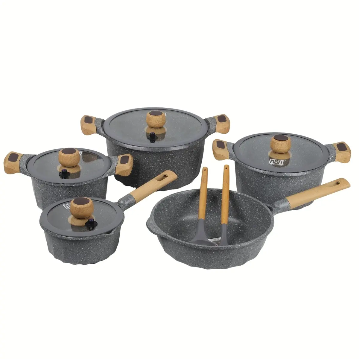 Ollas, Sartén, Utensilios Antiadherente Granito Eco-Friendly Con Mango De Madera Set De 12 Piezas, Color Gris. Batería De Cocina. 100% Libre De Teflon 1