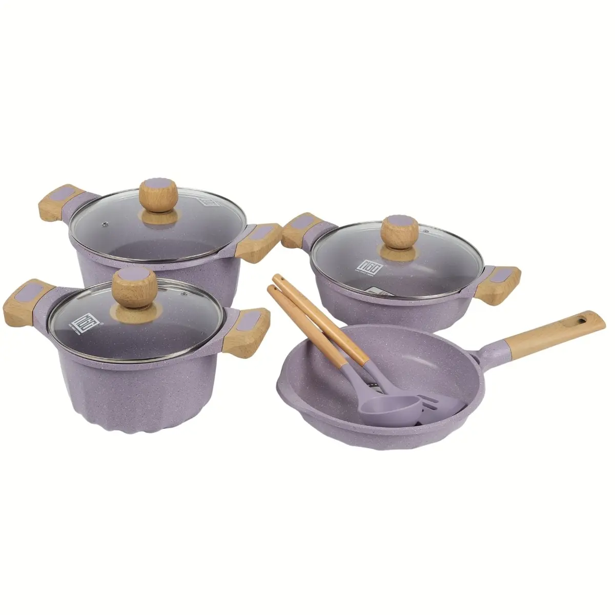 Ollas Y Sartén Antiadherente 9 Piezas Color Morado 100% Libre De Teflon Con Mango De Madera Y Revestimiento Cerámico. 1