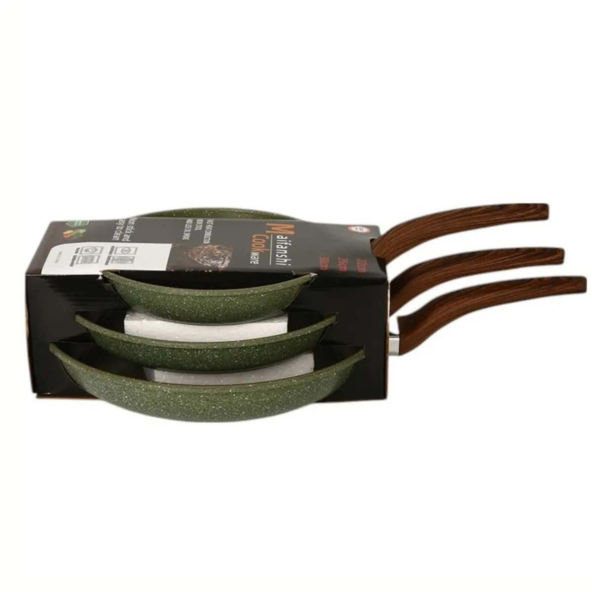 Sartenes Antiadherentes Granito Color Verde Con Mango Imitación De Madera Tamaños: 20, 24,28Cm 100% Libre De Teflon 1