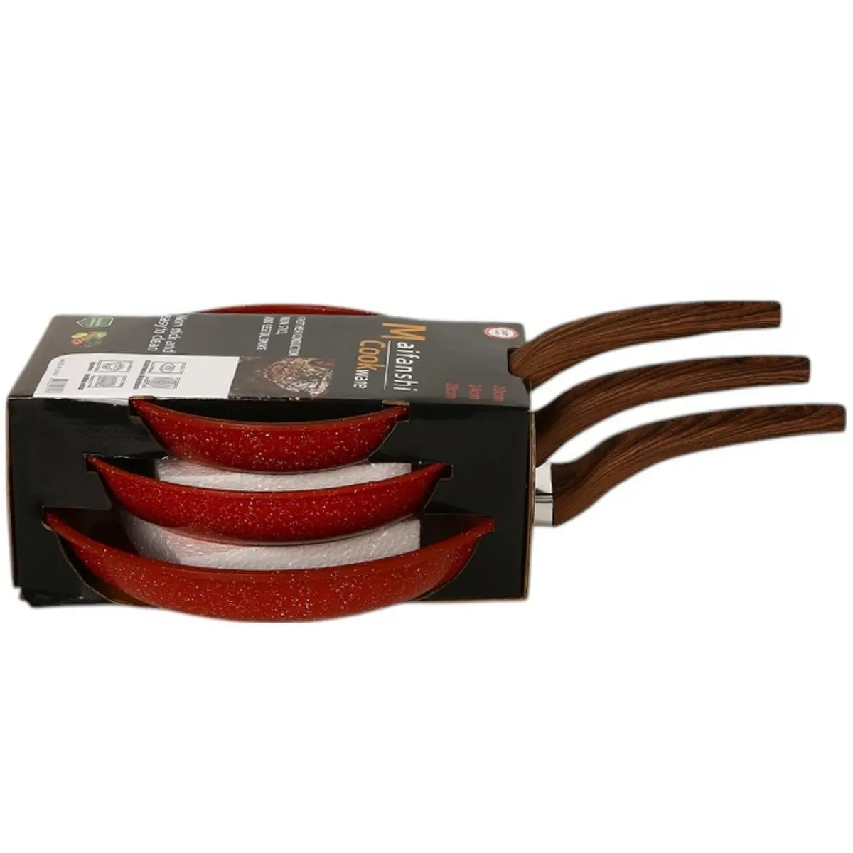 Sartenes Antiadherentes100% Libre De Teflon Color Rojo Con Mango Imitación Madera Tamaños: 20,24,28Cm. Set De 3 Piezas. 1