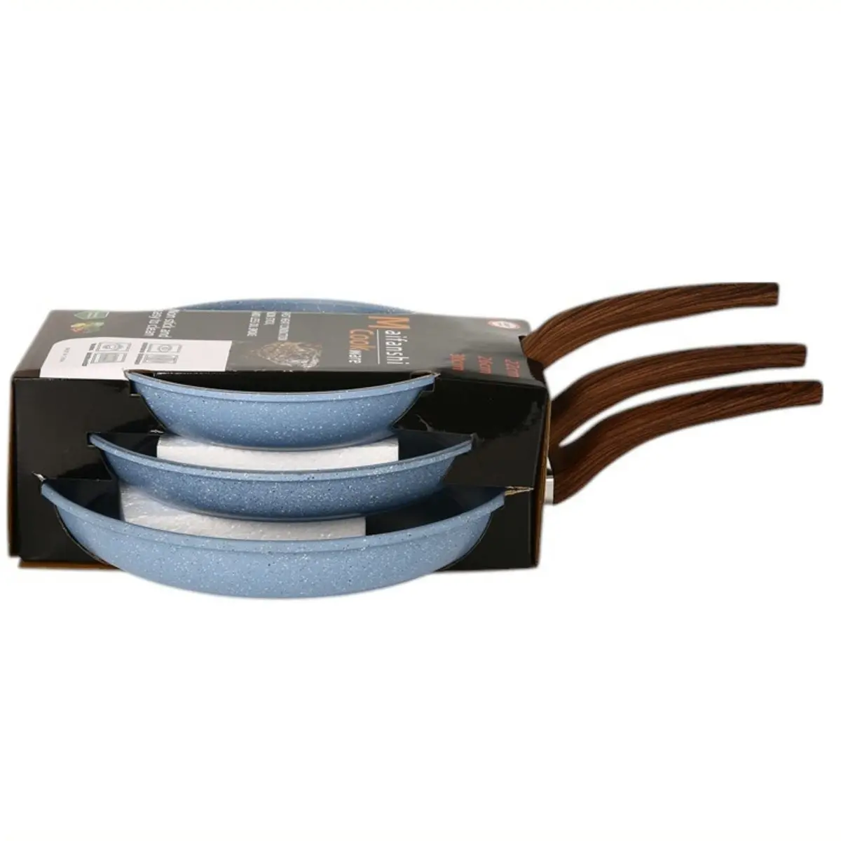 Sartenes Antiadherentes Ceramicos 100% Libre De Teflon Color Azul Cielo, Con Mango Imitación Madera Tamaños: 22,26,30Cm. Set De 3 Piezas. 1