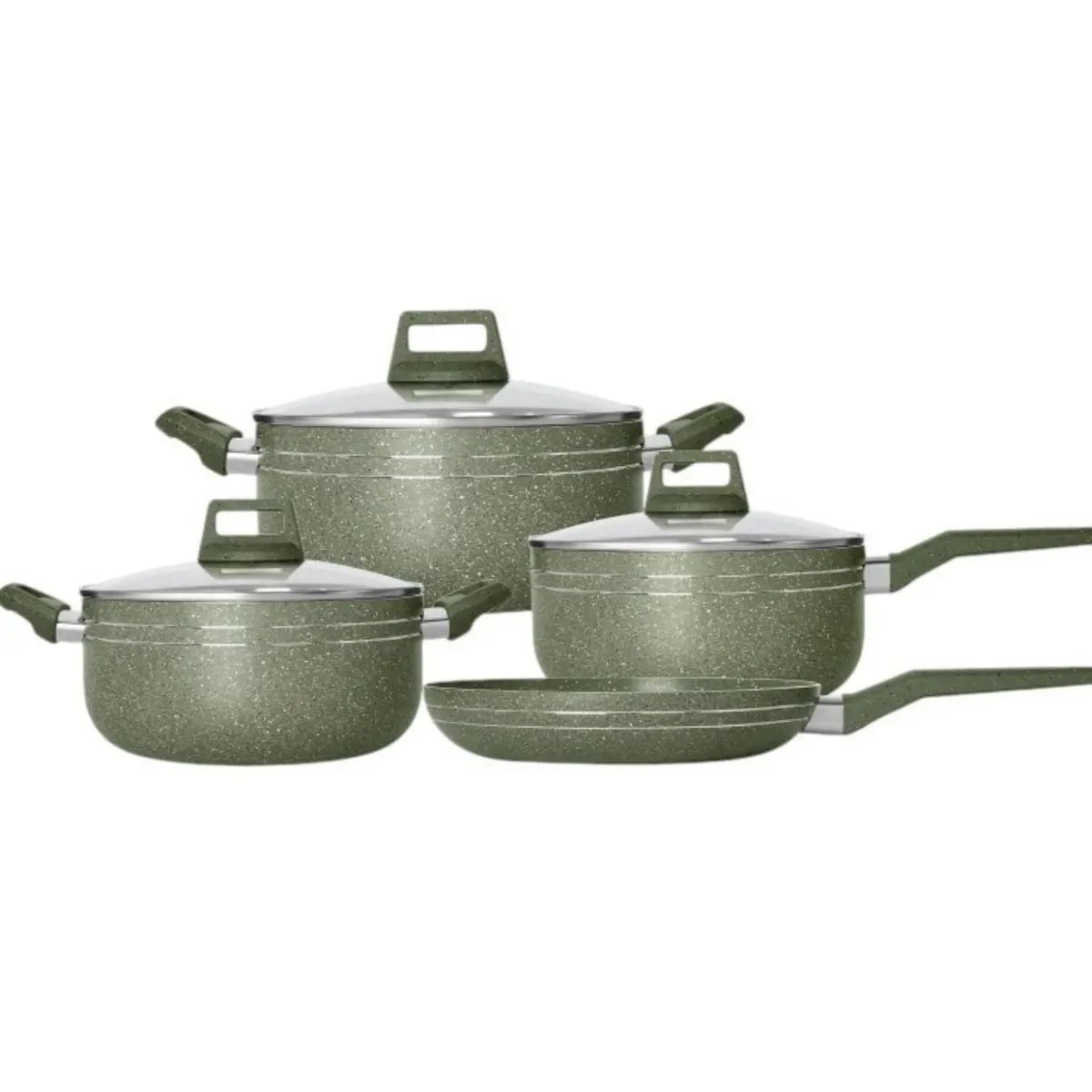 Ollas Y Sartén Antiadherentes Tipo Granito Color Verde En Aluminio Revestido Con Tapa De Vidrio. 100% Libre De Teflon. Set De 7 Piezas. 1