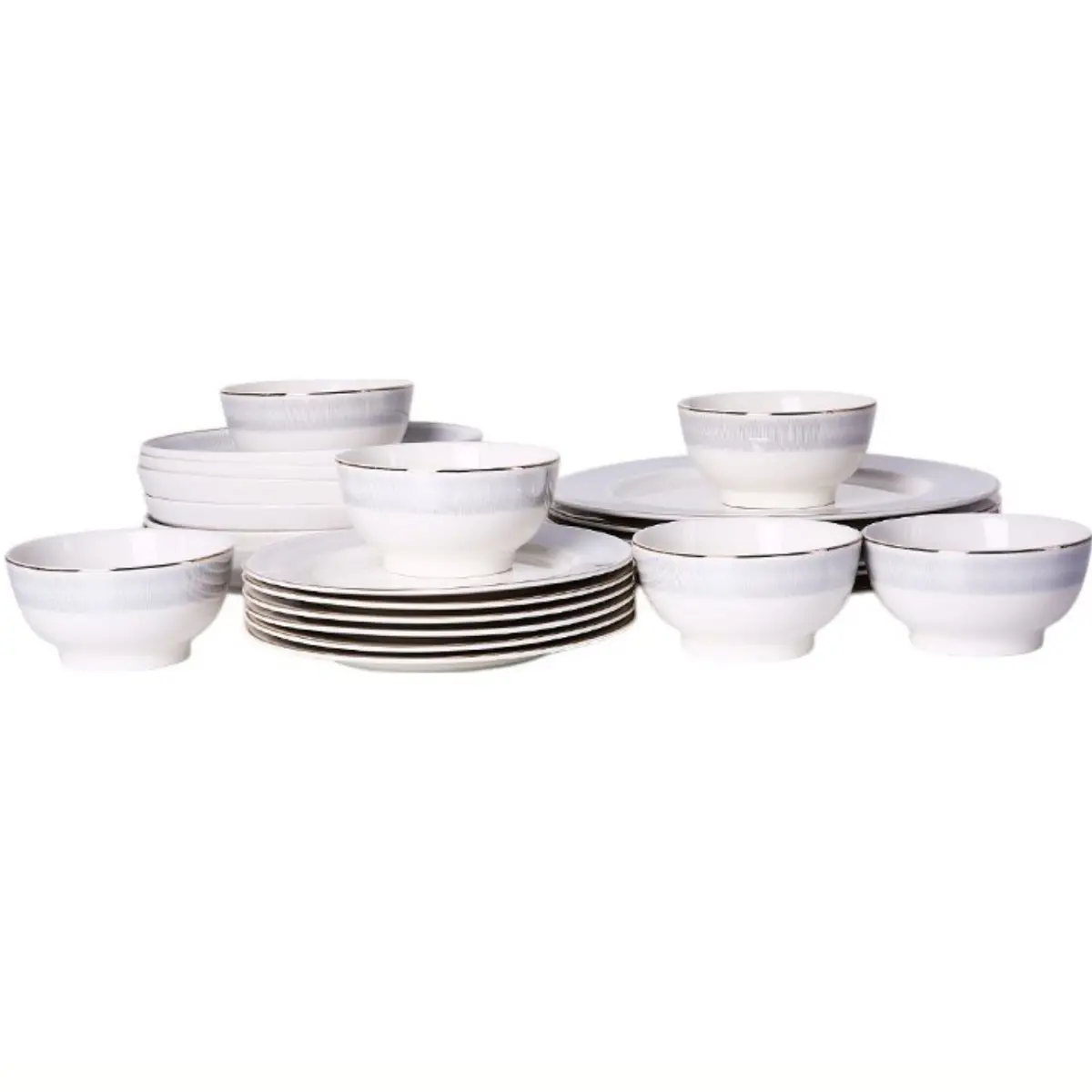 Vajilla De Cerámica Con Diseño Blanco En Relieve. Set De 24 Piezas. Set De Platos Y Tazones. 1
